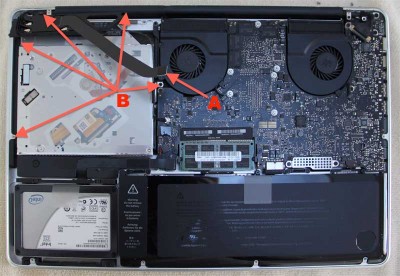 Verwijder de kabel (A) en de schroefjes (B)