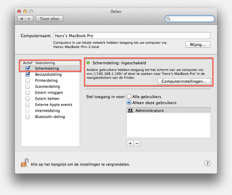 MacOS X - Systeemvoorkeuren om VNC Server te activeren