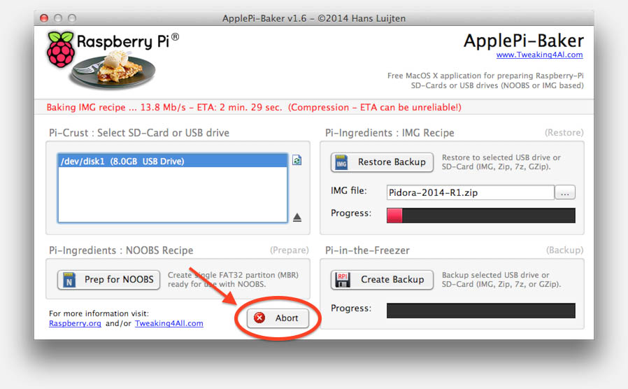 ApplePi-Baker - Nieuwe "Abort" knop