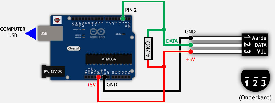 DS18B20 op een Arduino aansluiten (standaard voedingsmethode)