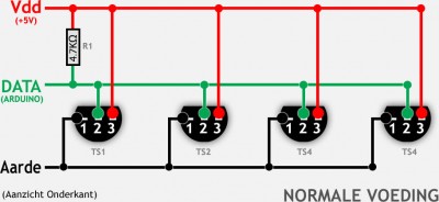 Meerdere DS18B20 sensoren in een normale voeding opstelling