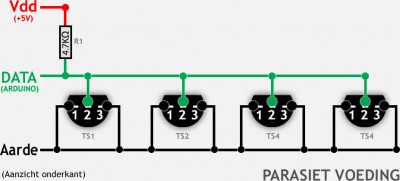 Meerdere DS18B20 sensoren in een parasiet voeding opstelling