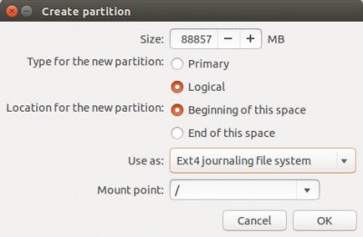 Ubuntu - Aanmaken van de Ubuntu (root) partitie