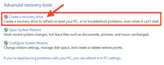 Windows 8.1 Recovery Tools - Kies je de "Create a recovery drive" optie