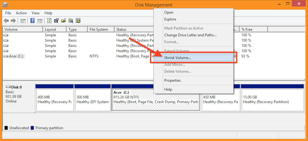 Windows 8.1 - Disk Management - Volume verkleinen