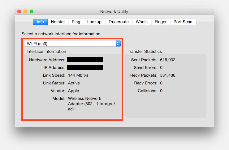 MacOS X - WiFi Snelheid via Network Utility