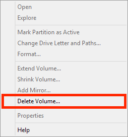 Disk Management - Verwijder de Linux partities met "Delete Volume"