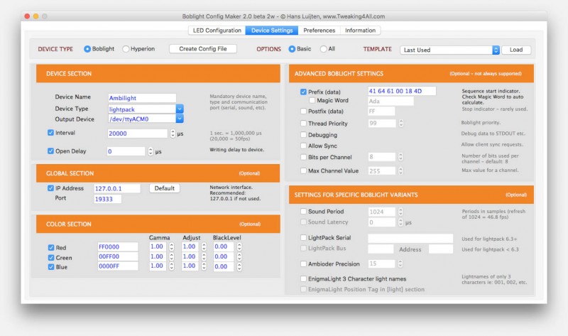 Boblight Config Maker v2 - Options Scherm