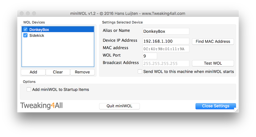 miniWOL - Instellingen (MacOS X)