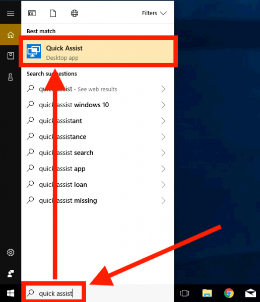 Start Quick Assist door te typen