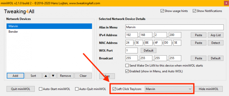 miniWOL Windows - Links klik optie