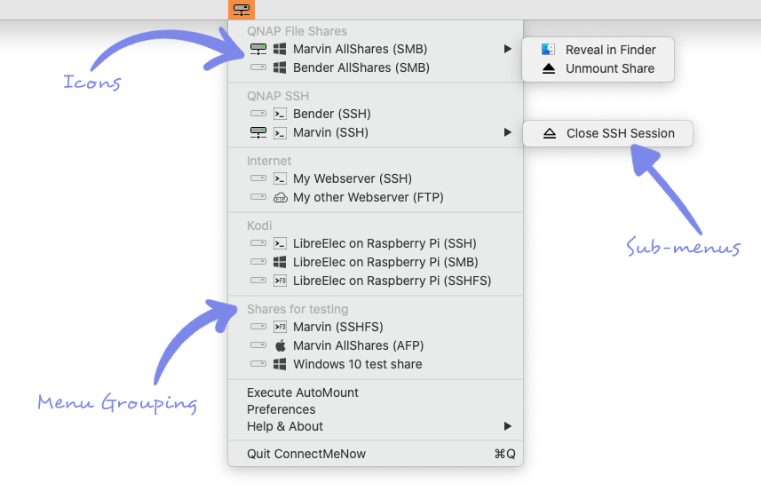 ConnectMeNow - Menu opties