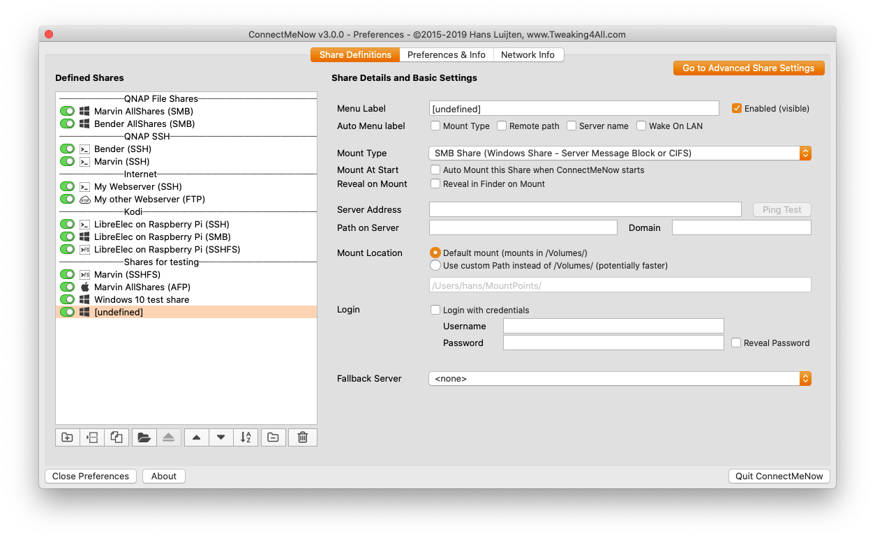 ConnectMeNow - Nieuwe share aanmaken - Basis instellingen
