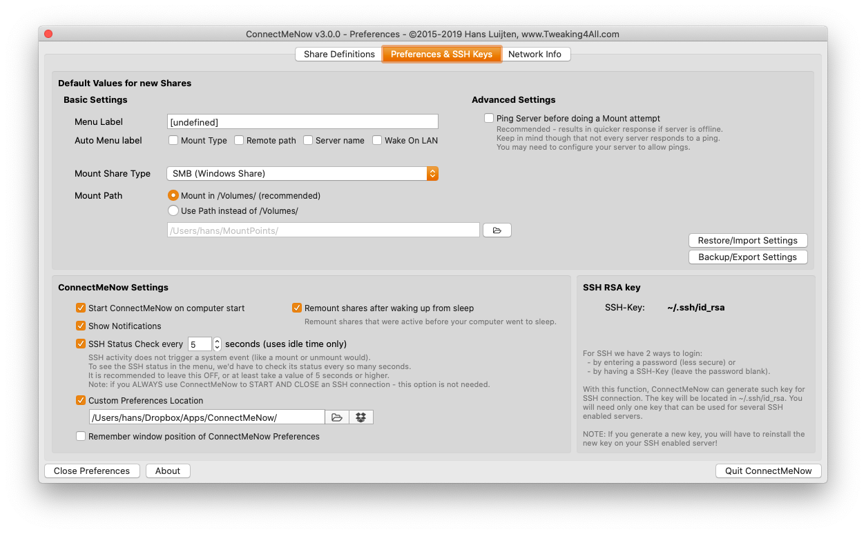 ConnectMeNow - Preferences en SSH Keys