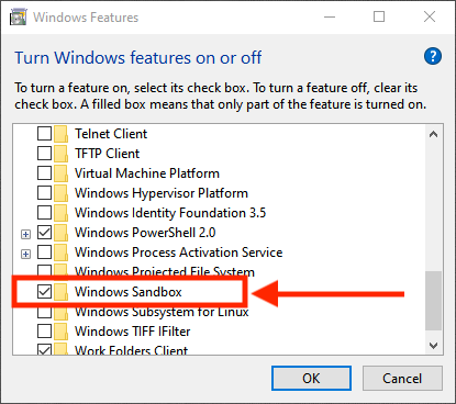 Windows 10 Features - Sandbox aanvinken